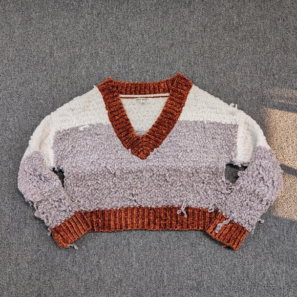 Wild Honey Y2K Popcorn Knit Sweater S Lavender Rust White Colorblock V-Neck Boho — photo 2